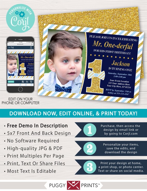 Mr. ONEderful Birthday Invitation with Photo | Editable Template Online | Instant Download Il_570xn