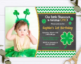 St. Patrick's Day Birthday Invitation with Photo, Editable St. Patty's Day Invitation Template, Little Shamrock, First Birthday, Printable