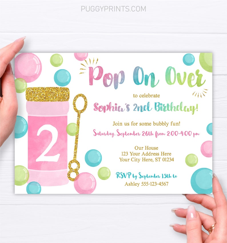 Bubble Birthday Invitation, Bubble Party Invitation, Blowing Bubbles, Pop On Over, Pink Bubbles, Bubbles Invitation, Bubble Bash Party image 2