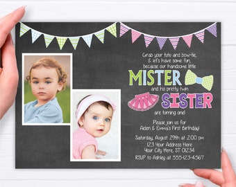 Twins Birthday Invitation, Editable Tutu and Ties Invitation Template, Printable Mister and Sister Invitation, Sibling Joint Birthday Party