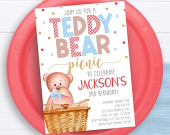 Teddy Bear Picnic Invitation, Editable Teddy Bear Invitation Template, Printable Bear Birthday Party Invitations, Boy Picnic Party Invite