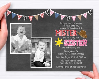 Cowboy and Cowgirl Birthday Invitation, Siblings Birthday Invitations, Western Joint Birthday, Mister and Sister Twins Birthday Invite