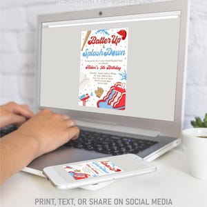 May include: A digital invitation for a baseball-themed birthday party. The invitation features a red and blue baseball bat, a baseball glove, a water gun, and a water slide. The text on the invitation reads "Batter Up & Splash Down" and "Aiden's 5th Birthday".