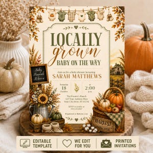 Locally Grown Baby Shower Invitation, Fall Baby Shower Invite, Pumpkin Baby Shower, Editable & Printed