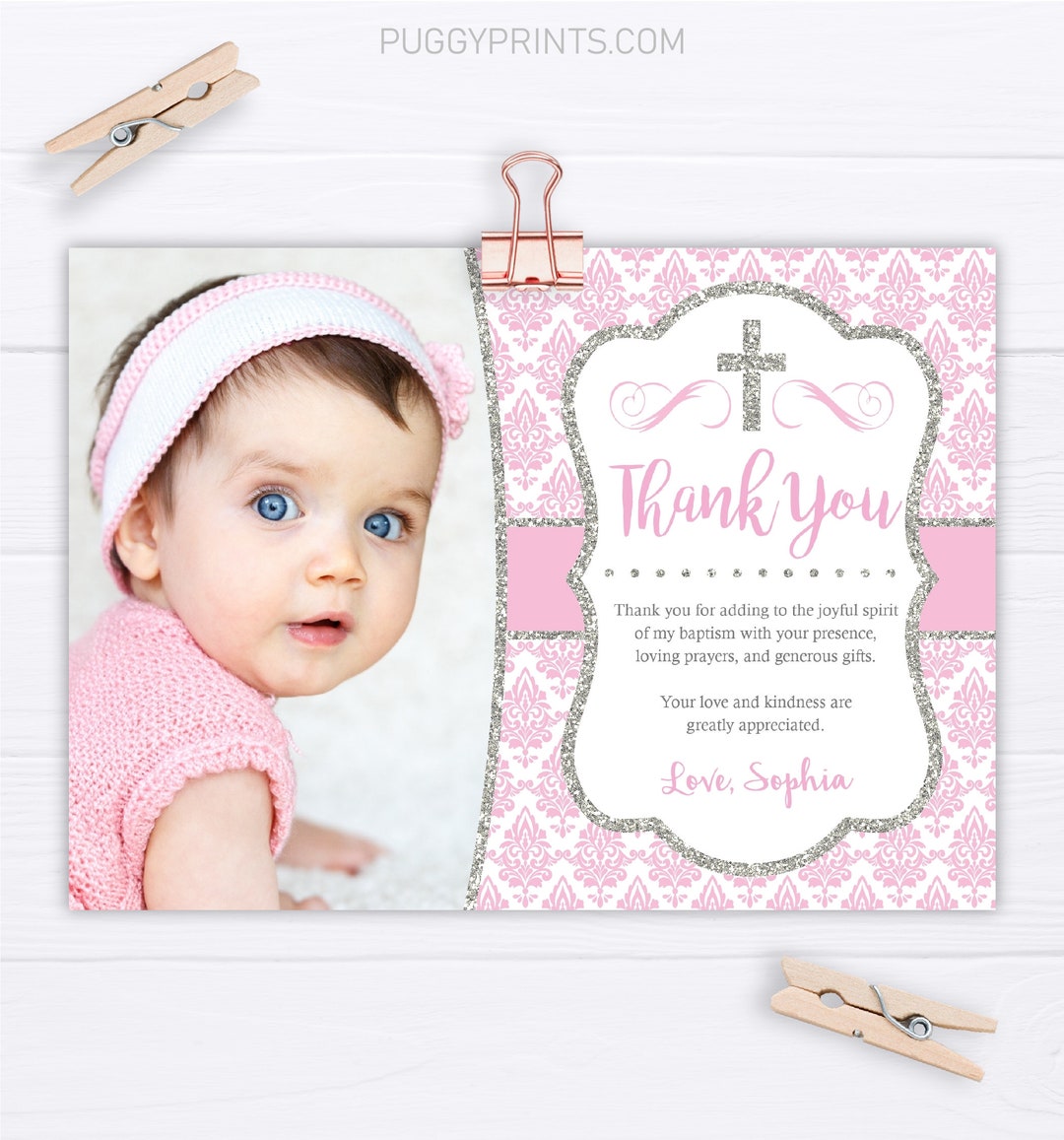 Baptism Thank You Card, Editable Girl Baptism Thank You Cards