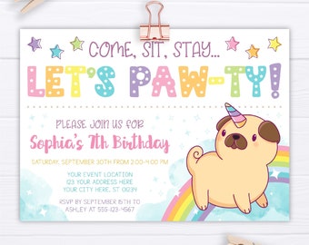 Pug Unicorn Birthday Invitation: Rainbow Paw-ty (Digital Download)