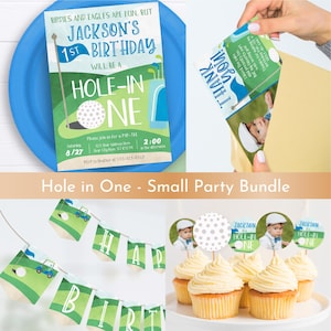 Hole in One Golf Birthday Bundle | Editable First Birthday Invitation, Thank You, Banner & Cupcake Toppers | Printable Party Decor