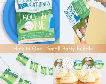 Hole in One Golf Birthday Bundle | Editable First Birthday Invitation, Thank You, Banner & Cupcake Toppers | Printable Party Decor