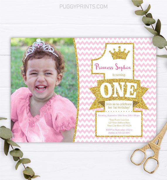 Princess 1st Birthday Invitation with Photo, Editable Princess First