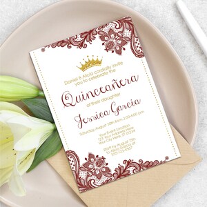 Quinceanera Invitation, Princess Quinceañera Invitation Template, Dark Red & Gold Glitter, Elegant Quinceanera Printable, Mis Quince Años