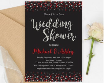 Confetti Wedding Shower Invitation, Editable Red and Silver Wedding Shower Invitation Template, Printable Bridal Shower Invitations