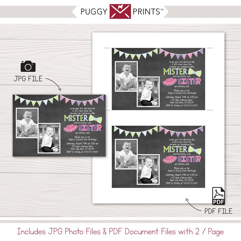 Twins Birthday Invitation Tutus and Ties Invitation Boy Etsy