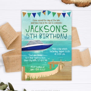 Lake Birthday Invitation: Speed Boat Party, Summer Camping (Editable Template)