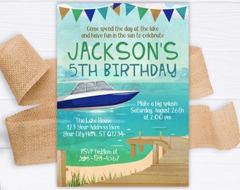 Lake Birthday Invitation: Speed Boat Party, Summer Camping (Editable Template)