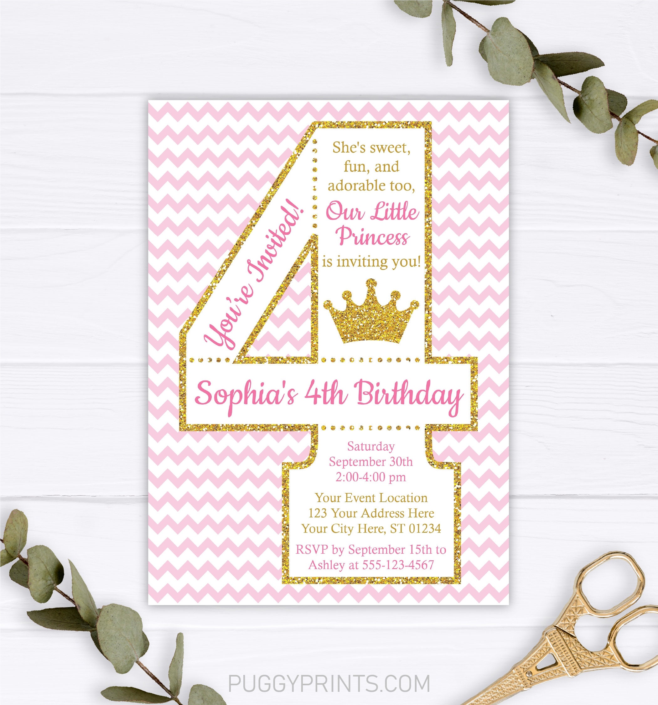 Princess 4th Birthday Invitation Editable Princess Birthday | Etsy