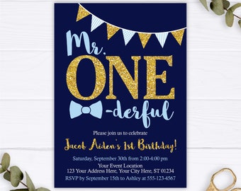 Mr. ONEderful 誕生日招待状、ネイビー、ゴールド、ベビーブルー、編集可能 Mr. ONEderful 招待状、男の子の 1 歳の誕生日招待状、1 歳の誕生日
