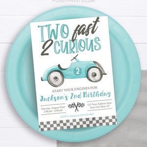 Dois convites rápidos de aniversário, modelo de convite editável para 2 curiosos, convite para corrida de meninos para impressão, festa de aniversário de carro de corrida vintage