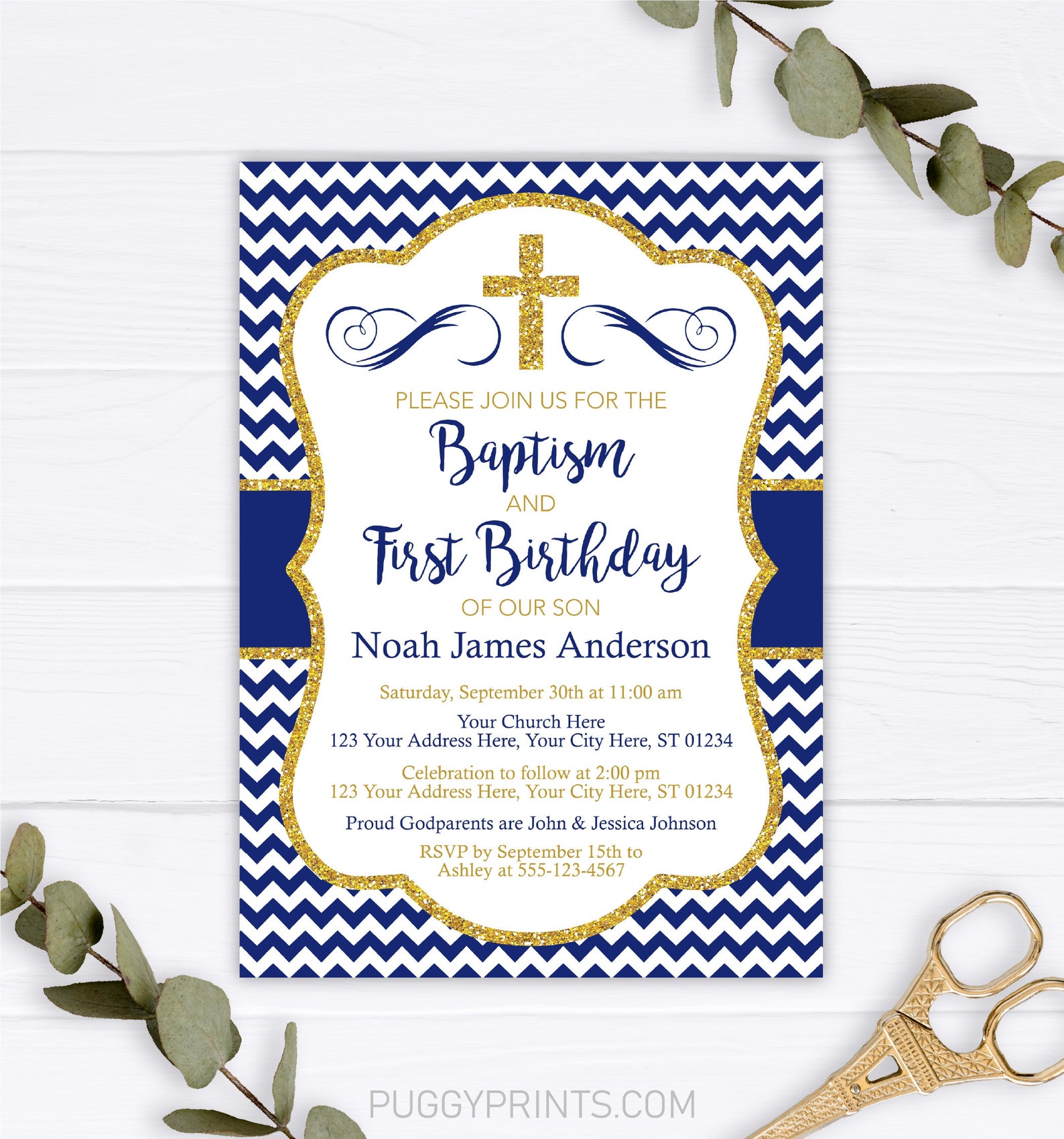Boy Baptism and First Birthday Invitation, Editable Baptism and Birthday Invitation Template