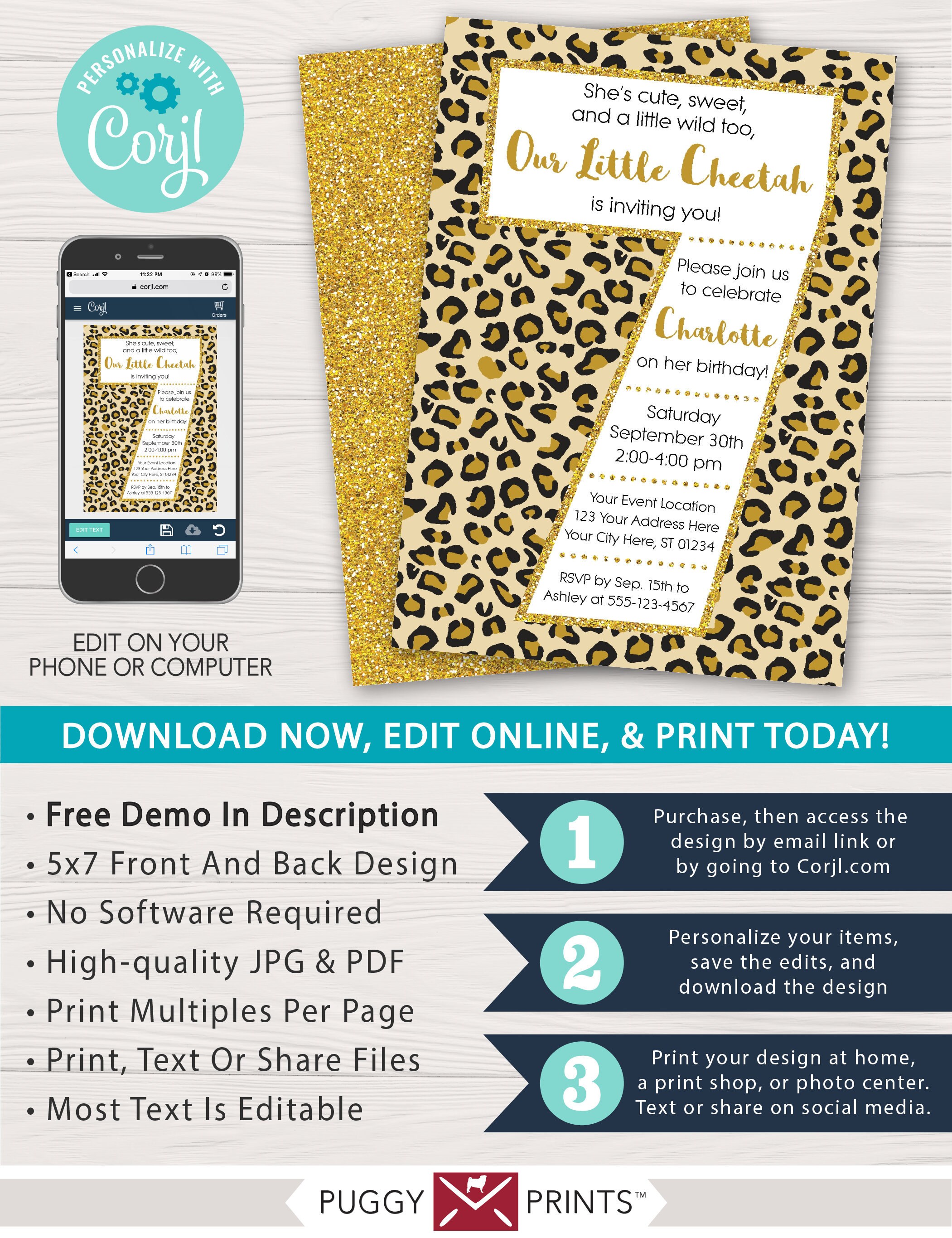 Cheetah 7th Birthday Invitation Editable Template Online | Etsy