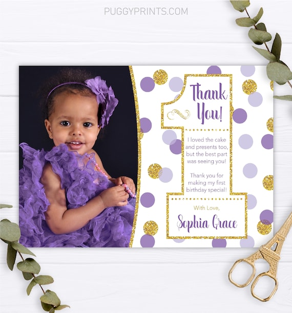 Purple and Gold First Birthday Thank You Card Confetti 1st | Etsy