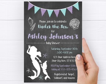 Mermaid Baby Shower Invitation, Editable Mermaid Invitation Template, Printable Chalkboard Mermaid Invite, Baby Sprinkle, Under the Sea