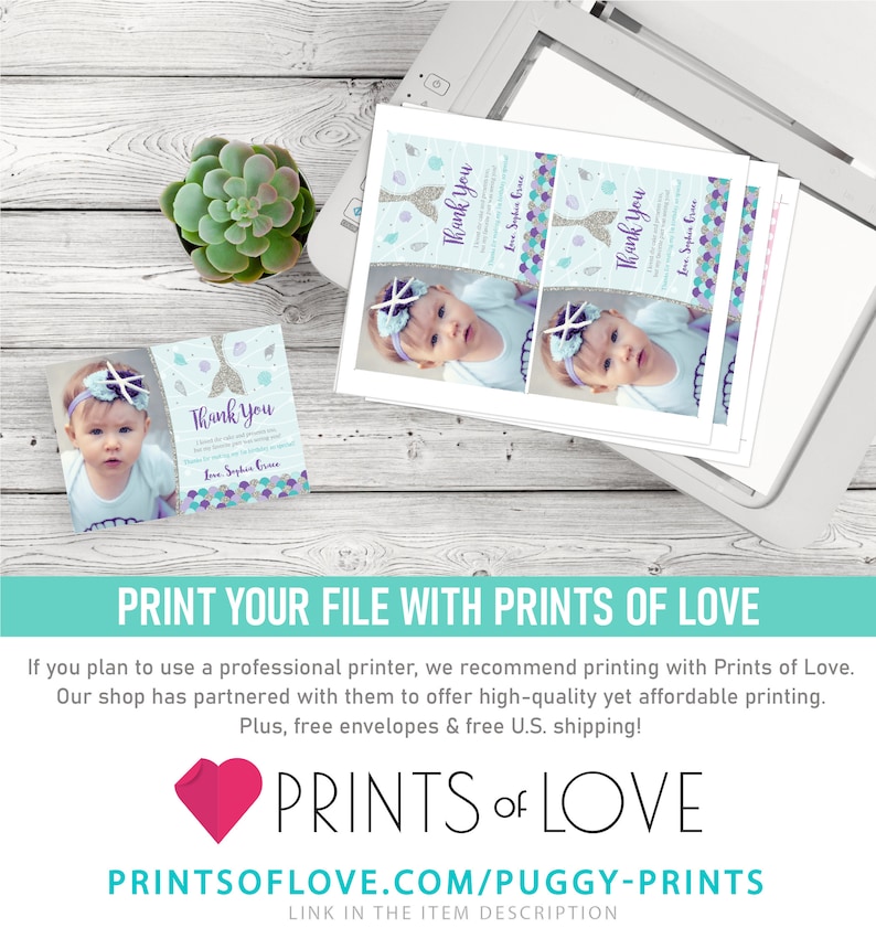 Editable Template Online Mermaid Birthday Thank You Card with Photo Instant Download