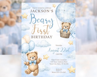 Beary First Birthday Invitation, Teddy Bear First Birthday Invite, Blue Bear Birthday, Editable Boy Invitation