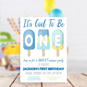 Popsicle 1st Birthday Invitation, It's Cool to be ONE Invitations, Sweet Celebration, Boy Popsicle Invite, Editable Summer Birthday Invites image 2