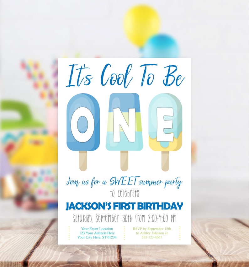 Popsicle 1st Birthday Invitation, It's Cool to be ONE Invitations, Sweet Celebration, Boy Popsicle Invite, Editable Summer Birthday Invites image 2