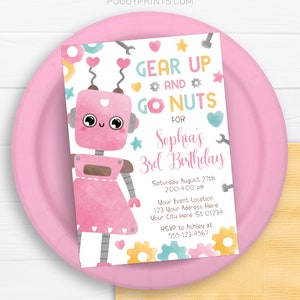 Girl Robot Invitation, Editable Robot Birthday Invitation Template, Printable Robot Invitations, Gear Up Go Nuts, Robot Party Invites