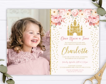 Invitación de cumpleaños de la princesa del castillo de Cenicienta: Fiesta rosa y dorada (digital)