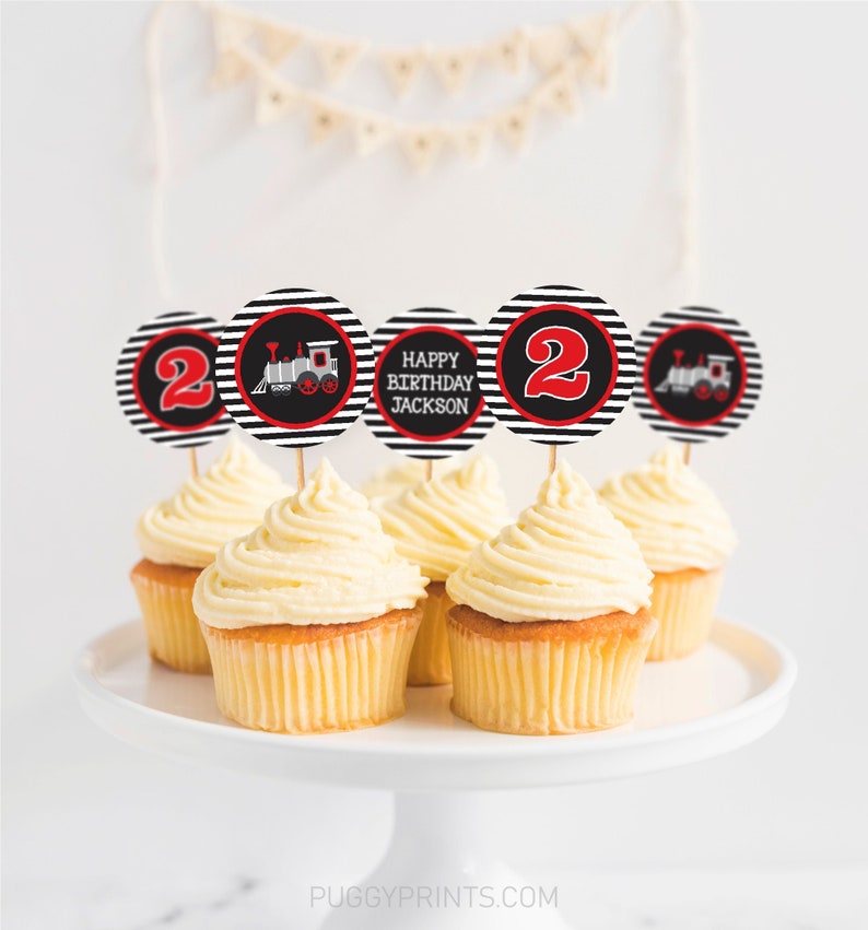Train Birthday Cupcake Toppers, Editable Train Cupcake Toppers, Printable Train Birthday Party Decorations, Red and Black Train Decor image 1