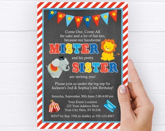 Circus Birthday Invitation for Siblings, Editable Circus Invitation Template, Printable Joint Birthday Carnival, Mister and Sister Twins