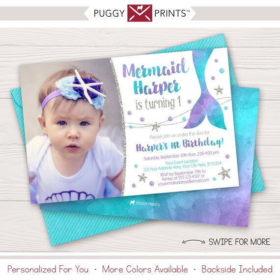 Mermaid Birthday Invitation with Photo | Purple, Aqua, and Silver Watercolor | Personalized & Printable Il_570xn