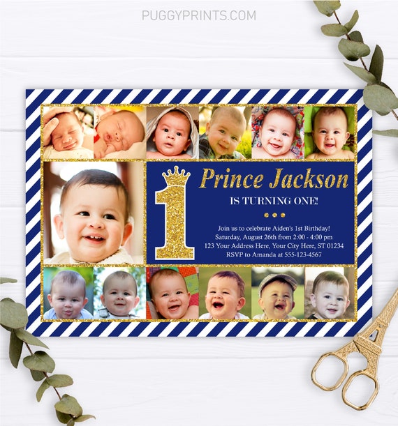 Prince Birthday Invitation, Editable Prince Invitation Template, Printable Prince First Birthday Invite, Newborn to 12 Months Photo Collage Il_570xn