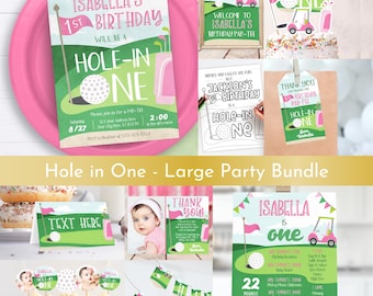 Girl Pink Golf Premium Party Bundle | Editable Invitation, Banner, Favor Tags, Milestone Poster, Coloring Page & Cake Topper
