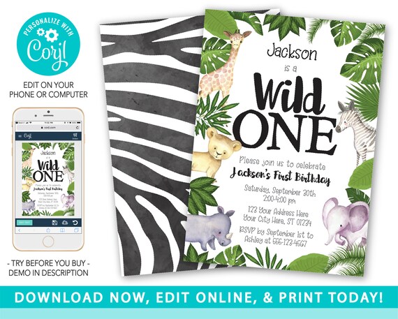 Wild One Safari Birthday Invitation, Safari Invitation, Jungle First Birthday Invite, Wild Invitation, Jungle Animals, Wild One Birthday Boy Il_570xn