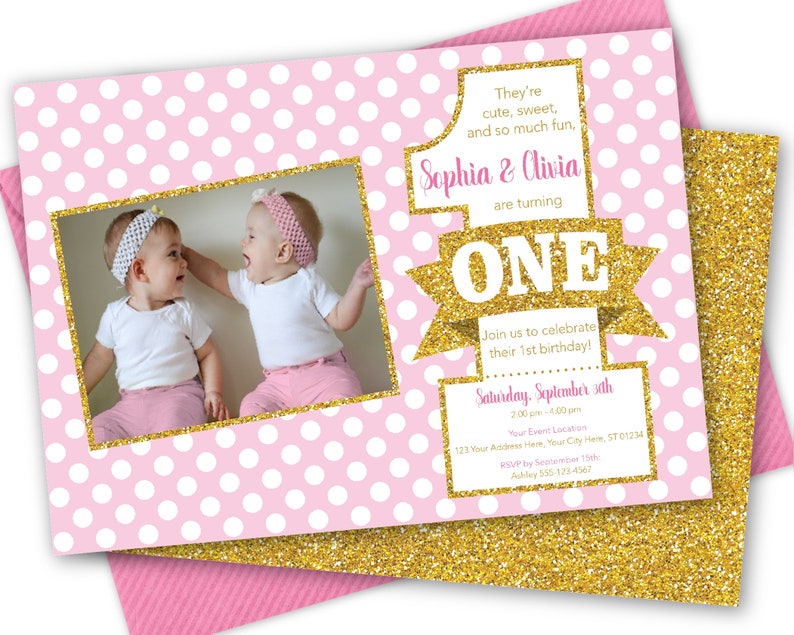pink and gold twins first birthday invitation with photo