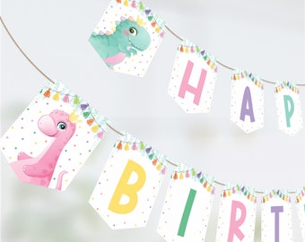 Girl Dinosaur Happy Birthday Banner, Printable Dinosaur Banner, Girl Dino Party Banner, Dino Birthday Party Decorations, Instant Download