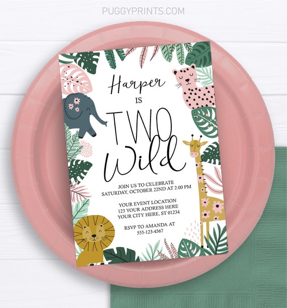 Safari Two Wild Invitation, Editable Jungle Second Birthday Invitation Template, Printable Girl Safari 2nd Birthday Party Invite Il_570xn