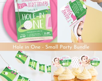 Hole in One Small Party Bundle | Golf Birthday Invitation, Banner, Cupcake Toppers & Thank You Card