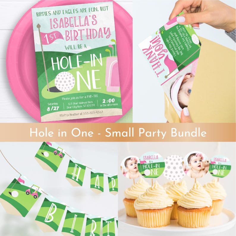 Litet Hole in One-festpaket | Golffödelsedagsinbjudan, banderoll, muffinsdekorationer och tackkort bild 1