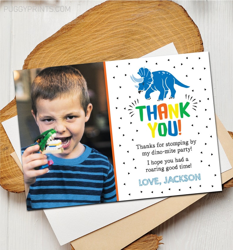 Dinosaur Birthday Thank You Card With Photo Editable Dinosaur Etsy