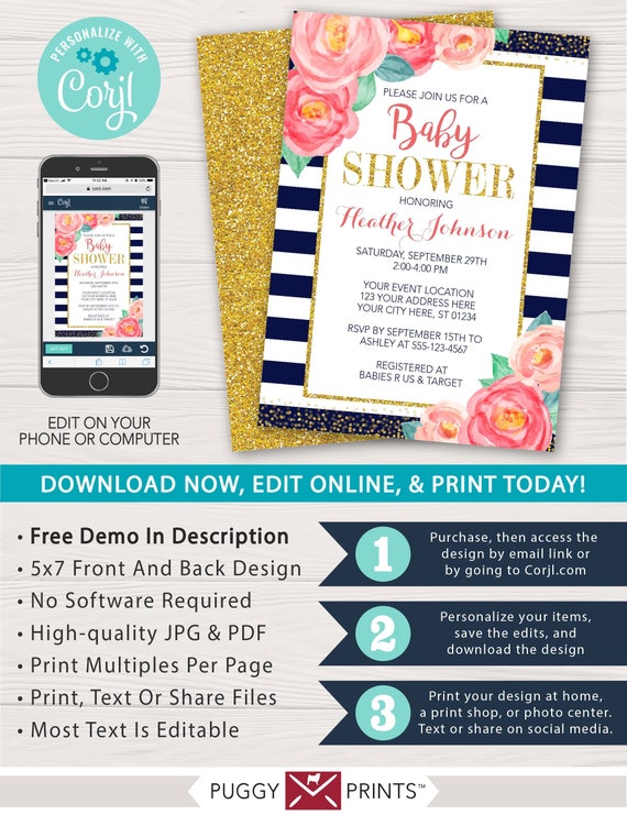 Floral Baby Shower Invitation in Navy and Gold | Editable Template Online | Instant Download Il_570xn