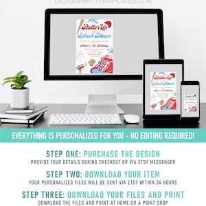May include: A digital mockup showing a baseball-themed birthday party invitation with the text "Batter Up & Splash Down" and "Aiden's 5th Birthday". The invitation is displayed on a computer screen, tablet, and smartphone.