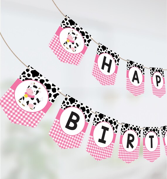 cow happy birthday banner printable cow banner personalized a z letters pink farm birthday barnyard party decor instant download cwp by puggy prints catch my party