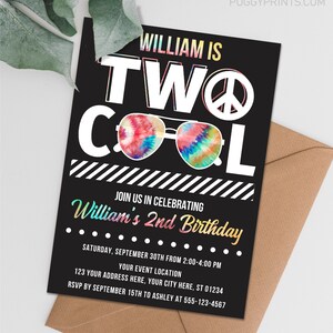 Two Cool Birthday Invitation, Editable Two Cool Invitation Template, Tie Dye Sunglasses Invite, Boy 2nd Birthday Party, Peace Two Cool TOP image 2