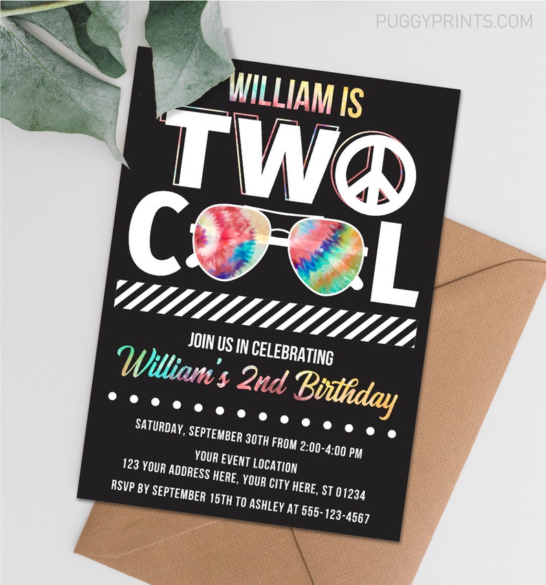 Two Cool Birthday Invitation, Editable Two Cool Invitation Template, Tie Dye Sunglasses Invite, Boy 2nd Birthday Party, Peace Two Cool TOP image 2