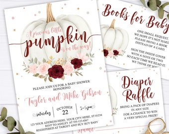 Invitación de baby shower de calabaza, paquete de invitación de calabaza editable, libros de calabaza blanca floral imprimibles para tarjeta de rifa de pañales y bebés