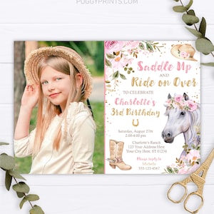 Horse Birthday Invitation, Editable Horse Invitation Template, Printable Cowgirl Birthday Party Invitations, Floral Invite, Instant Download